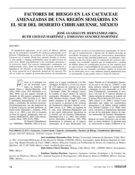 Factores De Riesgo En Las Cactaceae Amenazadas De Una Región Semiárida En El Sur Del Desierto Chihuahuense, México