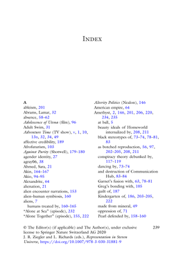 A Ableism, 201 Abrams, Lamar, 32 Absence, 58–62 Adolescence of Utena (Film), 96 Adult Swim, 31 Adventure Time (TV Show), V, 1