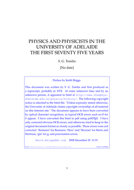Physics and Physicists in the University of Adelaide the First Seventy Five Years
