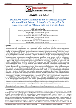 Evaluation of the Antidiabetic and Associated Effect of Methanol Root Extract of Strophanthushispidus DC (Apocynaceae) on Alloxan-Induced Diabetic Rats