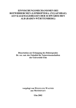 Einnischungsmechanismen Bei Rotwidderchen (Lepidoptera: Zygaenidae) Auf Kalkmagerrasen Der Schwäbischen Alb (Baden-Württemberg)