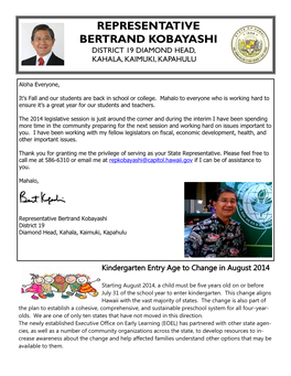 Representative Bertrand Kobayashi District 19 Diamond Head, Kahala, Kaimuki, Kapahulu