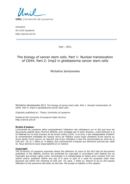 The Biology of Cancer Stem Cells. Part 1: Nuclear Translocation of CD44