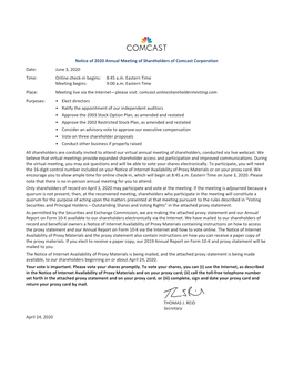 Notice of 2020 Annual Meeting of Shareholders of Comcast Corporation Date: June 3, 2020 Time: Online Check-In Begins: 8:45 A.M