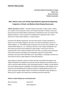 INCJ, Hitachi, Sony and Toshiba Sign Definitive Agreements Regarding Integration of Small- and Medium-Sized Display Businesses