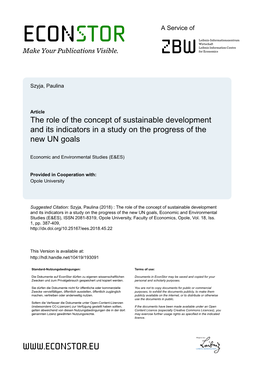 The Role of the Concept of Sustainable Development and Its Indicators in a Study on the Progress of the New UN Goals