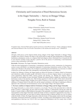 Christianity and Construction of Rural Harmonious Society in the Jingpo Nationality --- Survey on Dengga Village, Nongdao Town, Ruili in Yunnan