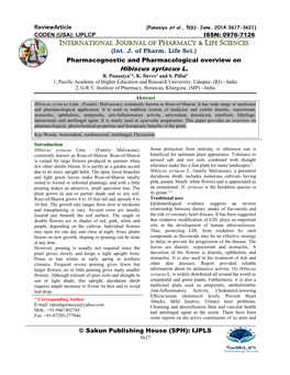 Reviewarticle [Punasiya Et Al., 5(6): June, 2014:3617-3621] CODEN (USA): IJPLCP ISSN: 0976-7126 INTERNATIONAL JOURNAL of PHARMACY & LIFE SCIENCES (Int