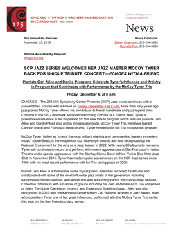 Scp Jazz Series Welcomes Nea Jazz Master Mccoy Tyner Back for Unique Tribute Concert—Echoes with a Friend