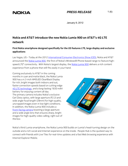 PRESS RELEASE Nokia and AT&T Introduce the New Nokia Lumia 900