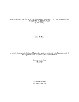 American Education and the Counter Insurgency Efforts During the Philippine-American War (1899 – 1902)