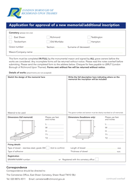 Application for Approval of a New Memorial/Additional Inscription