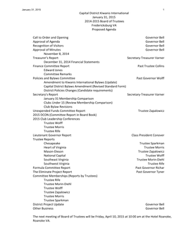 Capital District Kiwanis International January 31, 2015 2014-2015 Board of Trustees Fredericksburg VA Proposed Agenda
