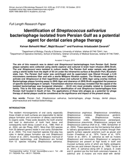 Identification of Streptococcus Salivarius Bacteriophage Isolated from Persian Gulf As a Potential Agent for Dental Caries Phage Therapy