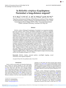 Is Heliothis Viriplaca (Lepidoptera: Noctuidae) a Long-Distance Migrant?