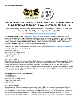 Life Is Beautiful Presents All-Star Entertainment Lineup Exclusively at Brooklyn Bowl Las Vegas, Sept