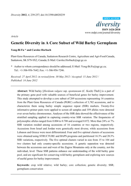 Genetic Diversity in a Core Subset of Wild Barley Germplasm