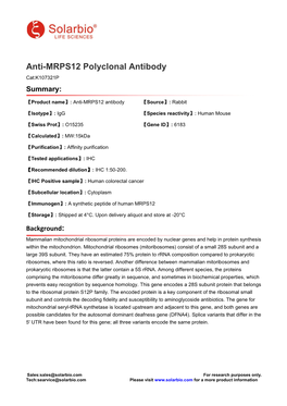 Anti-MRPS12 Polyclonal Antibody Cat:K107321P Summary