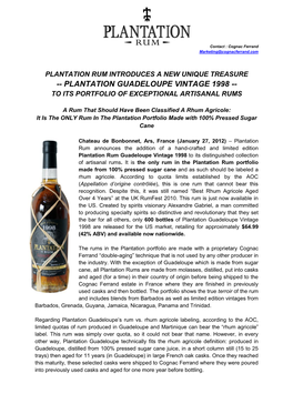 Plantation Guadeloupe Vintage 1998 -- to Its Portfolio of Exceptional Artisanal Rums