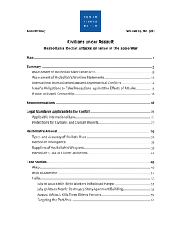 Civilians Under Assault Hezbollah’S Rocket Attacks on Israel in the 2006 War