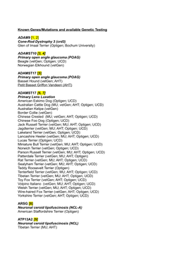 Known Genes/Mutations Mutazioni and Avaiable Genetic Testing