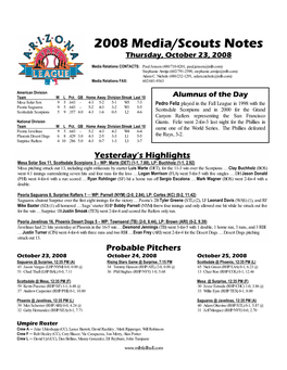 2008 Media/Scouts Notes Thursday, October 23, 2008