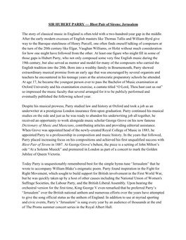 SIR HUBERT PARRY — Blest Pair of Sirens; Jerusalem the Story of Classical Music in England Is Often Told with a Two-Hundred-Ye