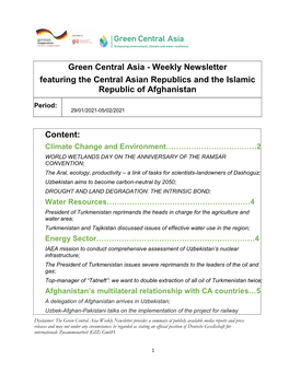 Weekly Newsletter Featuring the Central Asian Republics and the Islamic Republic of Afghanistan