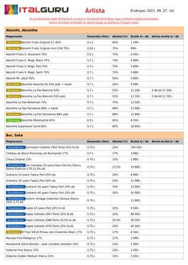 Árlista Érvényes: 2021