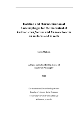 Isolation and Characterisation of Bacteriophages for the Biocontrol of Enterococcus Faecalis and Escherichia Coli on Surfaces and in Milk