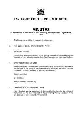 MINUTES of Proceedings of Parliament at Suva on Friday, Twenty-Seventh Day of March, 2020