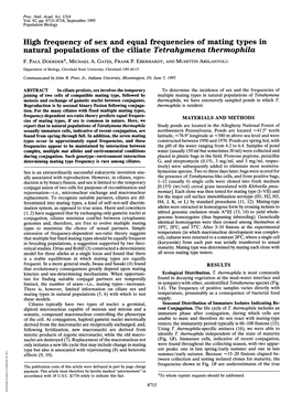 High Frequency of Sex and Equal Frequencies of Mating Types in Natural Populations of the Ciliate Tetrahymena Thermophila F