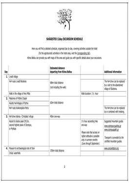 SUGGESTED 12Day EXCURSION SCHEDULE