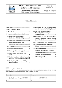 7.6-02-03 Cedures and Guidelines Page 1 of 10 Sample Work Instructions Effective Date Revision Calibration of Height Callipers 2002 00