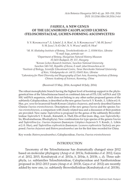 Fauriea, a New Genus of the Lecanoroid Caloplacoid Lichens (Teloschistaceae, Lichen-Forming Ascomycetes) Introduction