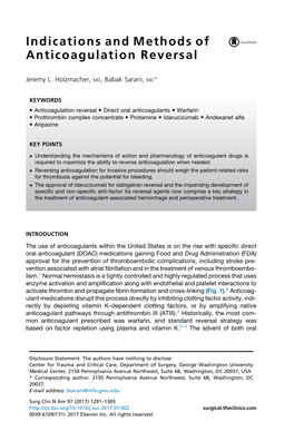 Indications and Methods of Anticoagulation Reversal