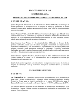 Decreto Supremo N° 2310 Evo Morales Ayma