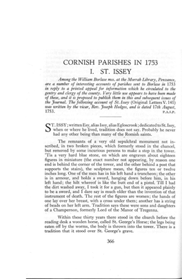 CORNISH PARISHES in 1753 I. ST. ISSEY Among the William Borlase Mss