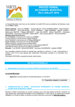 Procés Verbal Du Conseil Municipal Du 2 Juillet 2019