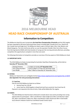 2016 MELBOURNE HEAD HEAD RACE CHAMPIONSHIP of AUSTRALIA Information to Competitors