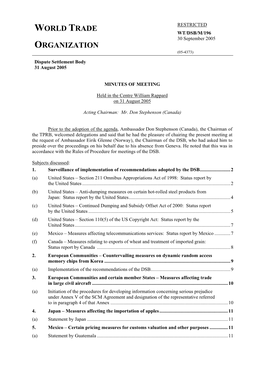 WT/DSB/M/196 30 September 2005 ORGANIZATION (05-4373) Dispute Settlement Body 31 August 2005