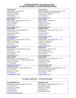 LEGISLATOR LIST – Revised March 6, 2018 ACADIANA DISTRICT - STATE REPRESENTATIVES