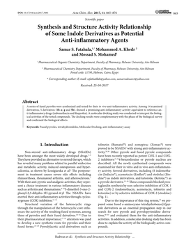 Synthesis and Structure Activity Relationship of Some Indole Derivatives As Potential Anti-Inflammatory Agents Samar S