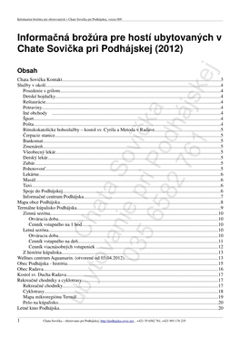 Informa Ná Brožúra Pre Hostí Ubytovaných V Chate Sovi Ka Pri