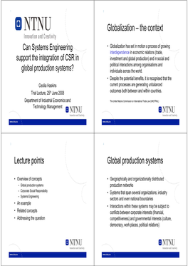 Globalization – the Context Lecture Points Global Production Systems