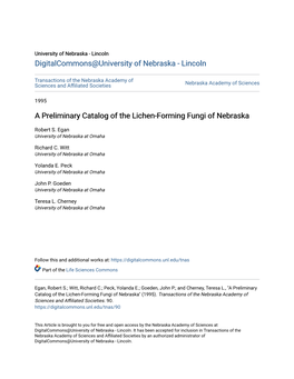 A Preliminary Catalog of the Lichen-Forming Fungi of Nebraska