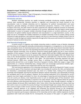 Passport to Move? Mobility in Euro-Latin American Multiple Citizens Pablo Mateos1,2, Helen Mccarthy2 1 CIESAS Research Centre, Mexico ; 2 Dept