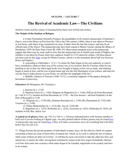 LECTURE 7 the Revival of Academic Law—The Civilians