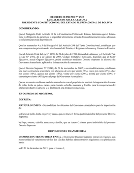 Decreto Supremo N° 4522 Luis Alberto Arce Catacora Presidente Constitucional Del Estado Plurinacional De Bolivia