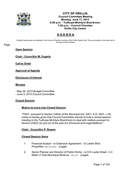 CITY of ORILLIA Council Committee Meeting Monday, June 17, 2013 6:00 P.M